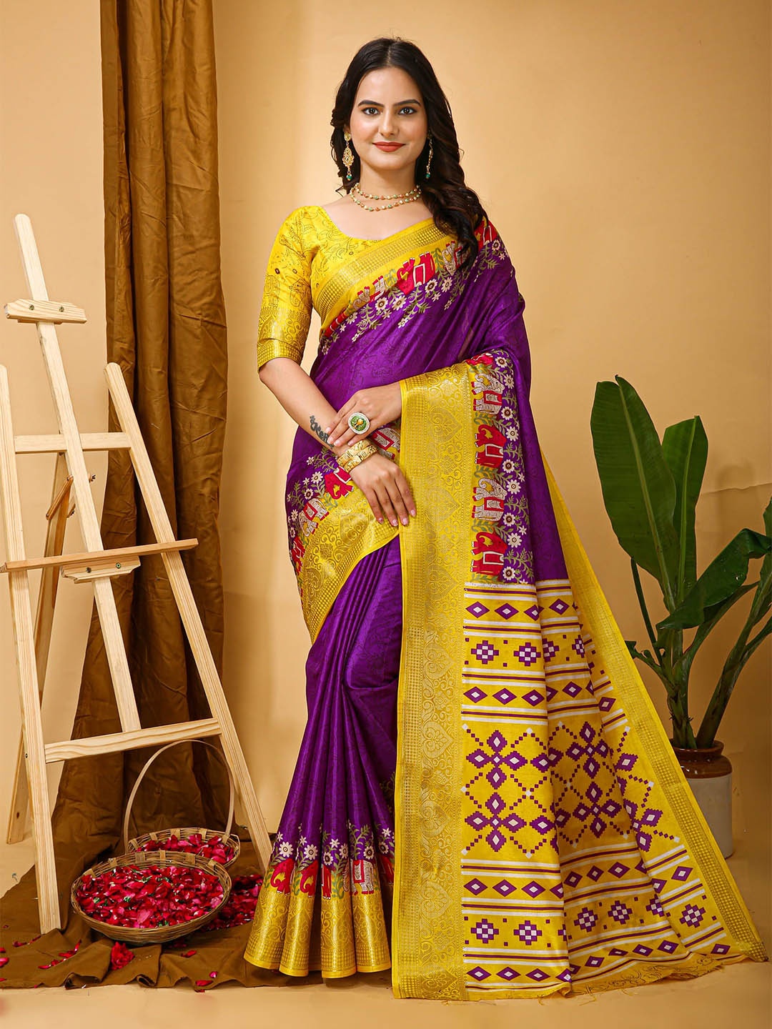 

KAYOMMI Kalamkari Kanjeevaram Saree, Purple