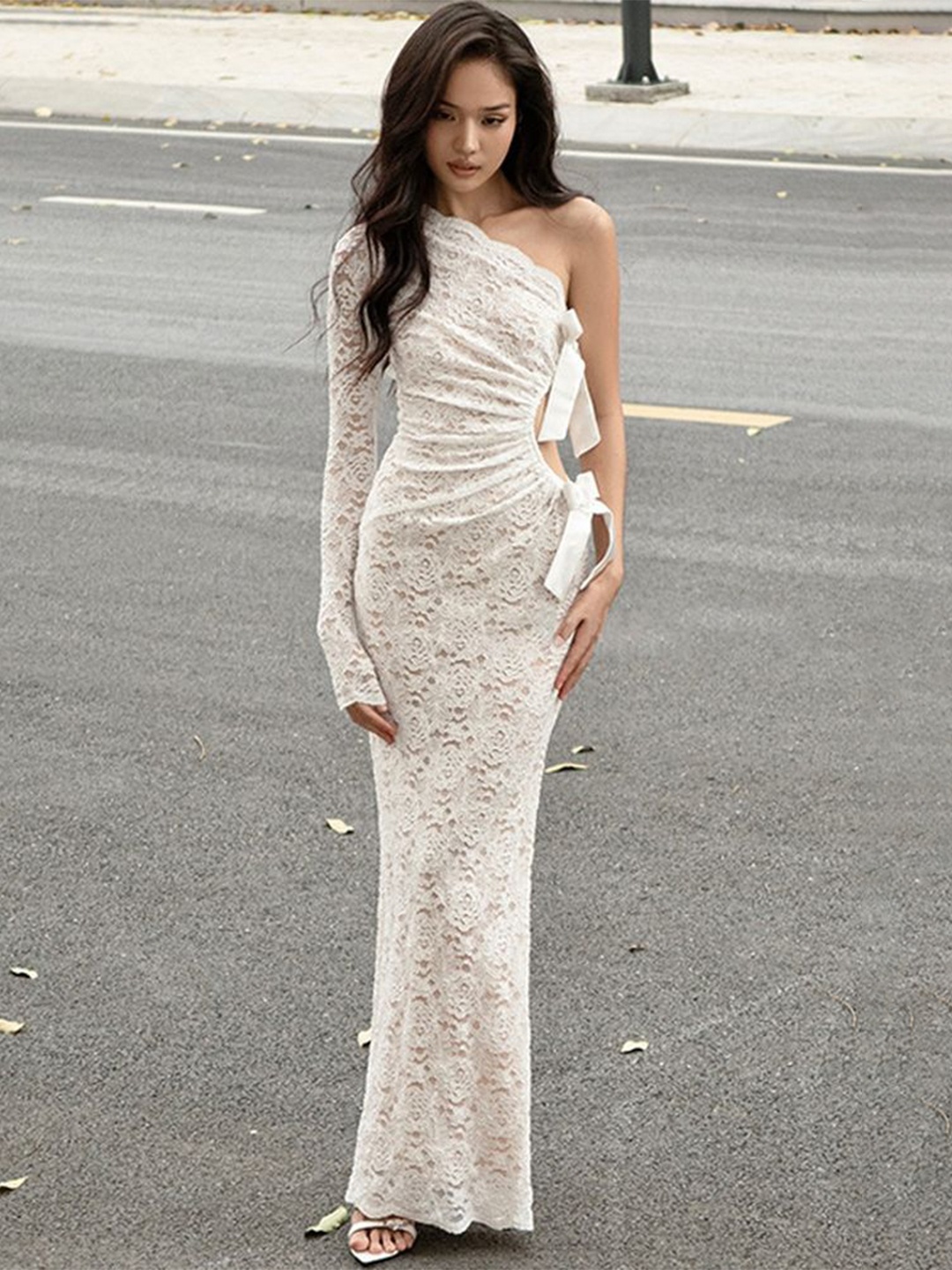

LULU & SKY One-shoulder Lace Maxi Dress With Cut-Outs, White