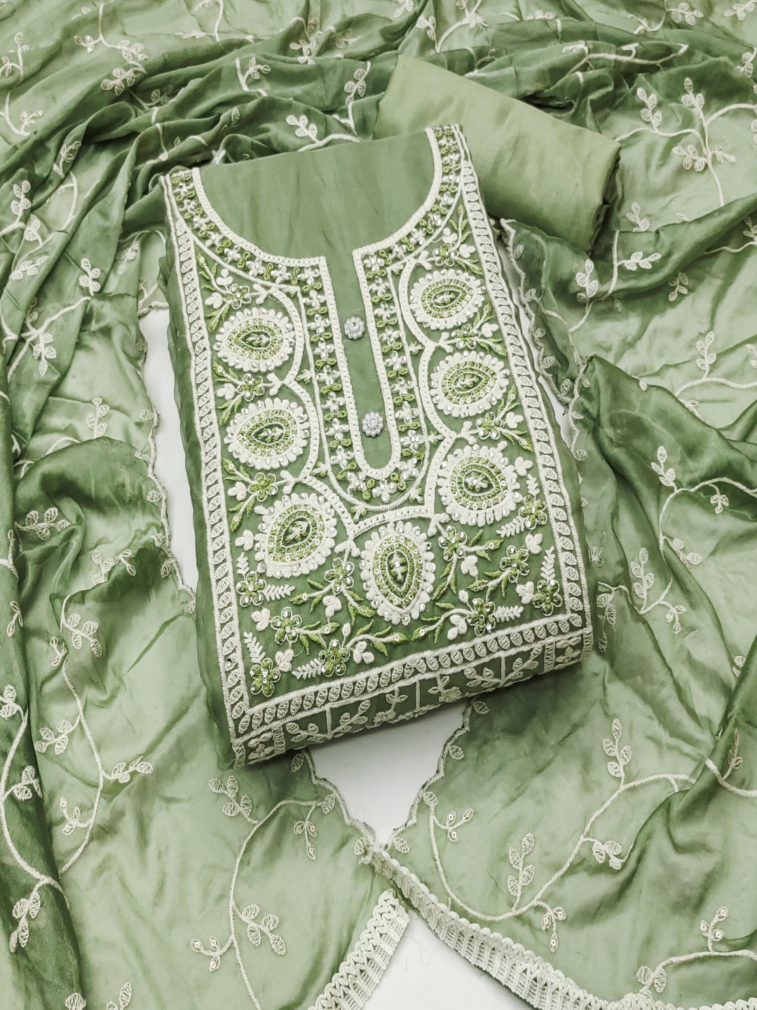 

HERE&NOW Embroidered Organza Unstitched Dress Material, Lime green