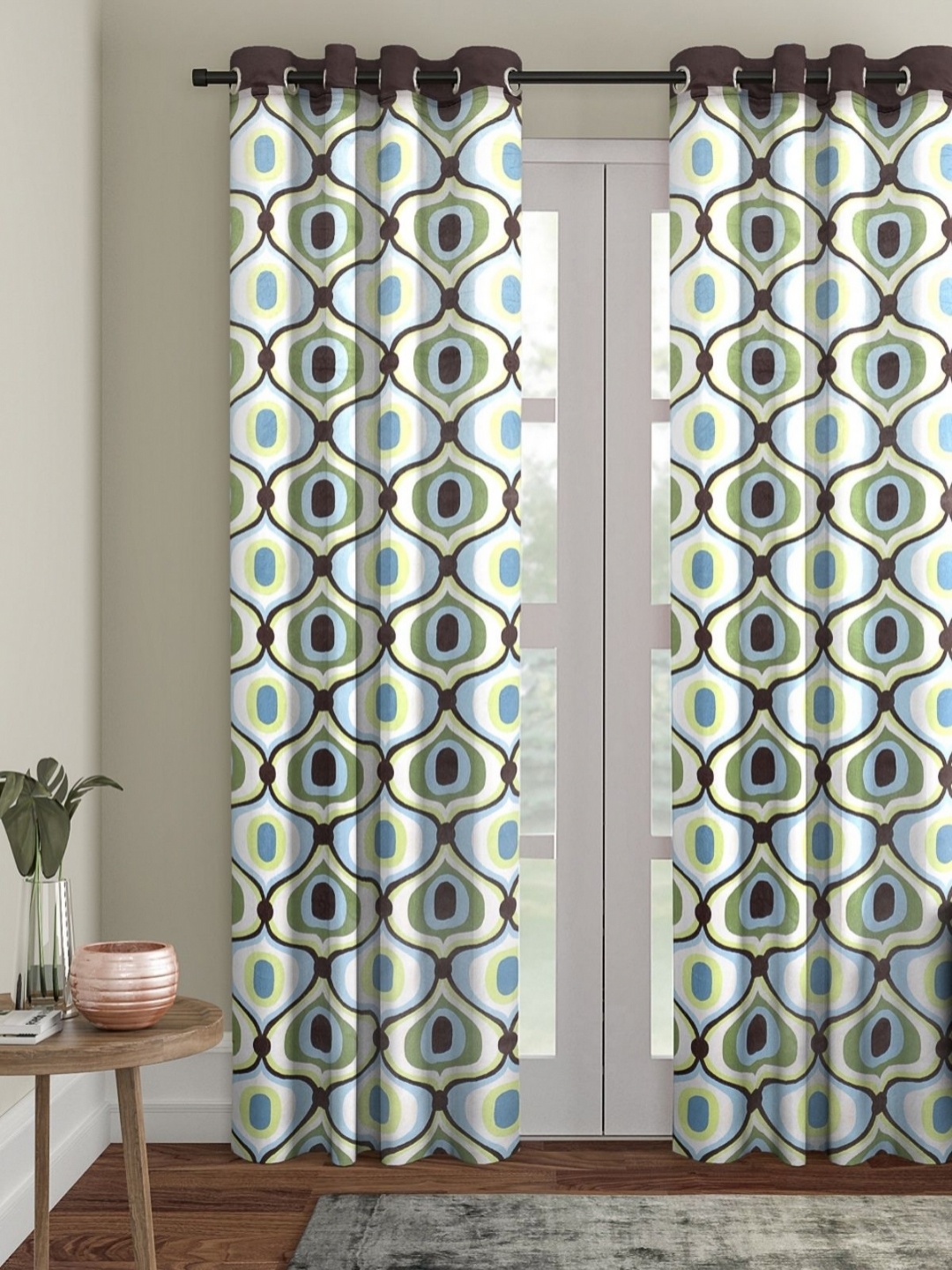 

Myntra Elegant Homes White & Green Set of 2 Geometric Room Darkening Door Curtain