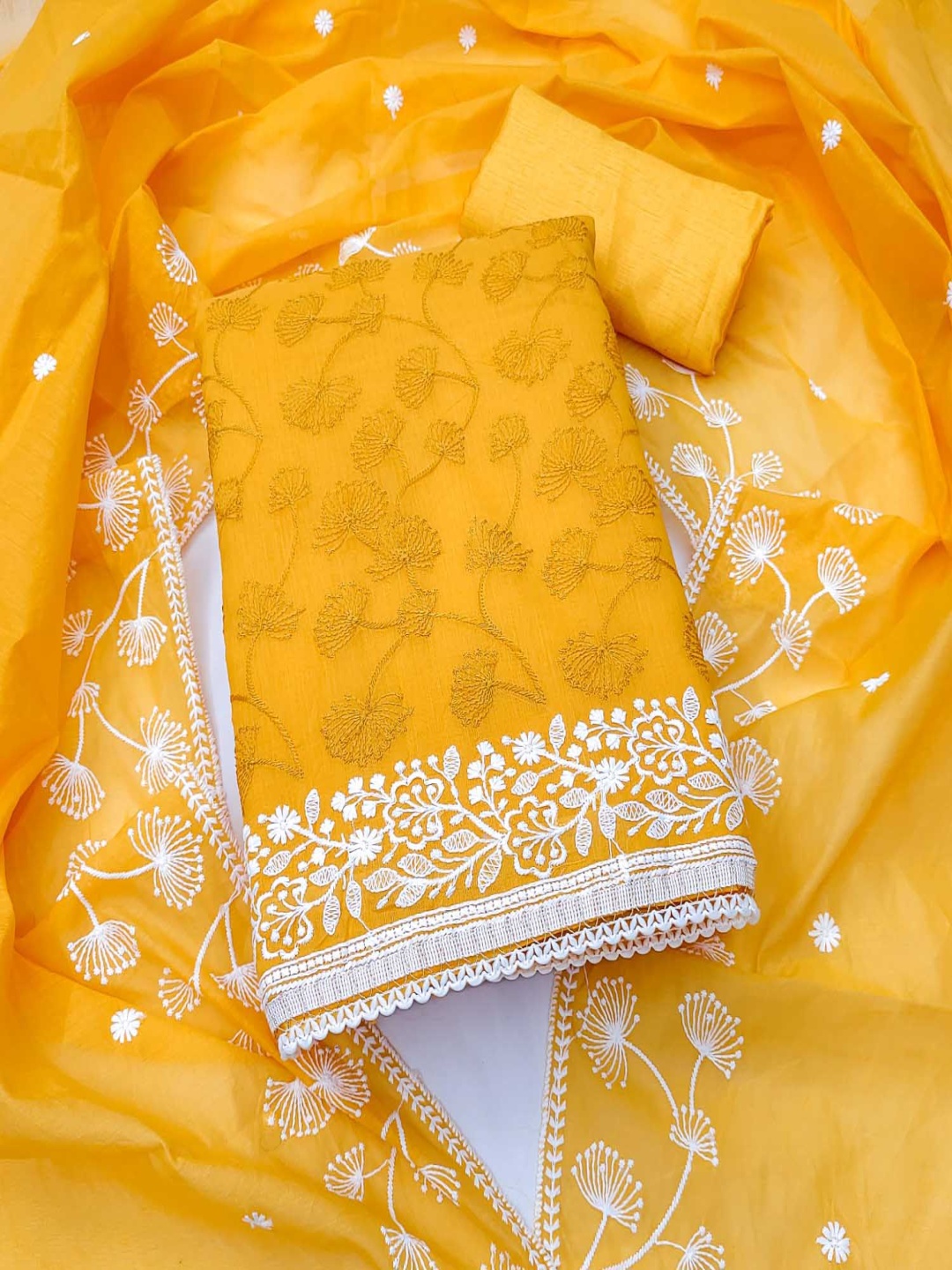 

KALINI Floral Embroidered Chanderi Silk Unstitched Dress Material, Yellow