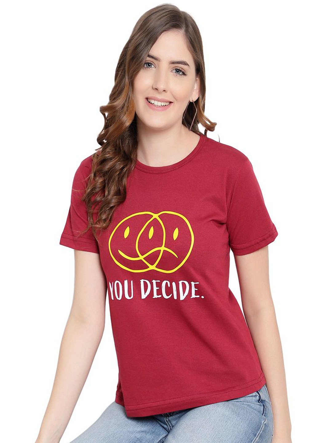 

DEEPMAYRA COLLECTION Women Typography Printed Cotton T-shirt, Maroon