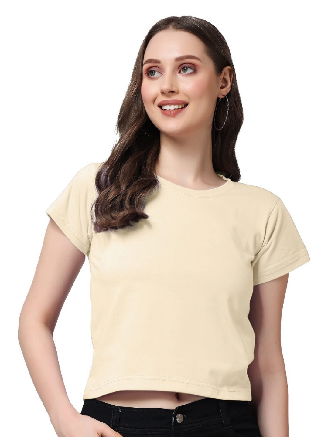 

NOTWILD Women Solid Round Neck Cotton T-shirt, Beige