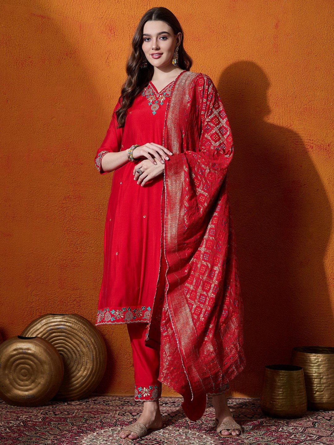 

Sangria Floral Embroidered V-Neck Pure Silk Kurta With Trousers And Dupatta, Red