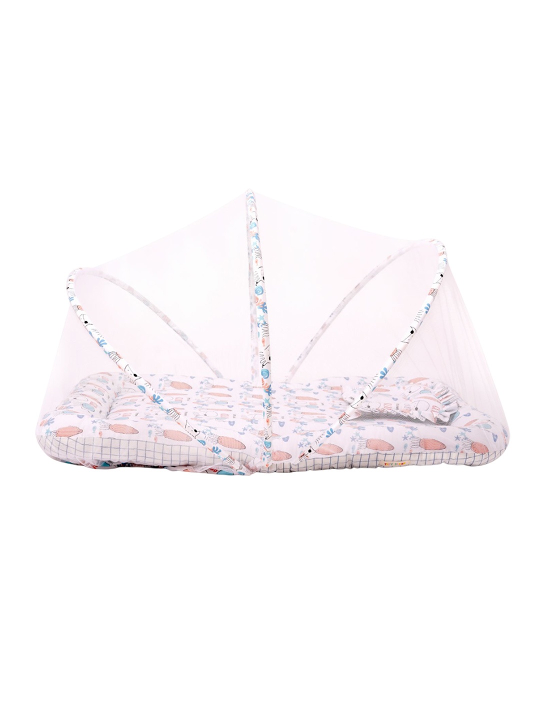 

TIDY SLEEP Kids Blue & Pink Printed Baby Bed Set With Mosquito Net, White