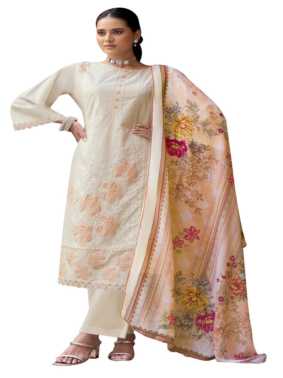 

DRAVINAM Trends Floral Embroidered Shibori Pure Cotton Unstitched Dress Material, Cream