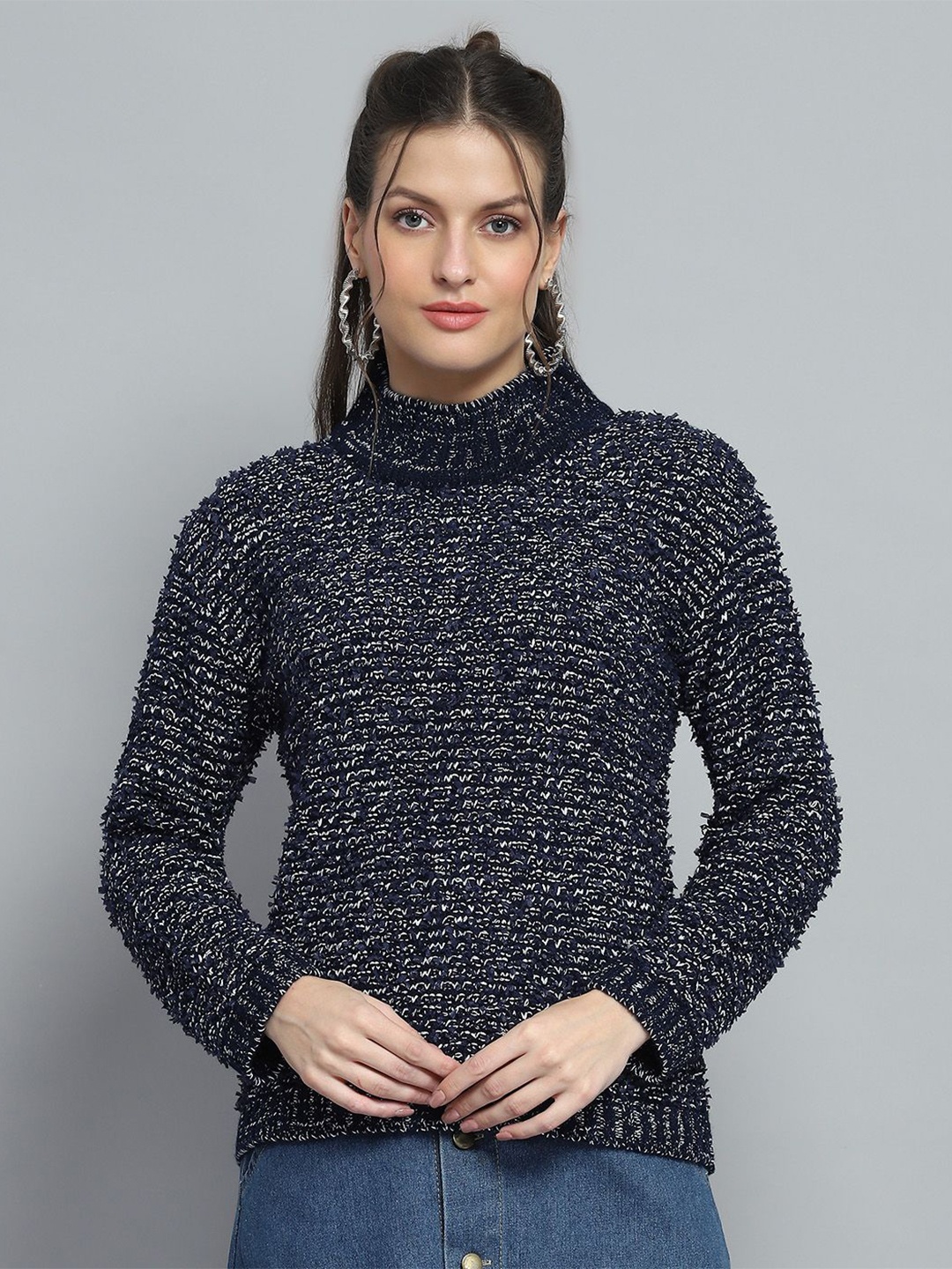 

Monte Carlo Women Turtle Neck Woolen Cardigan, Black