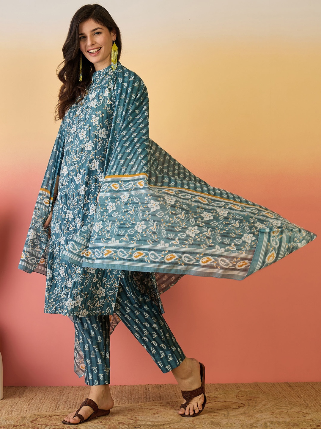 

Sangria Blue Floral Printed Pure Cotton A-Line Kurta With Trouser And Dupatta