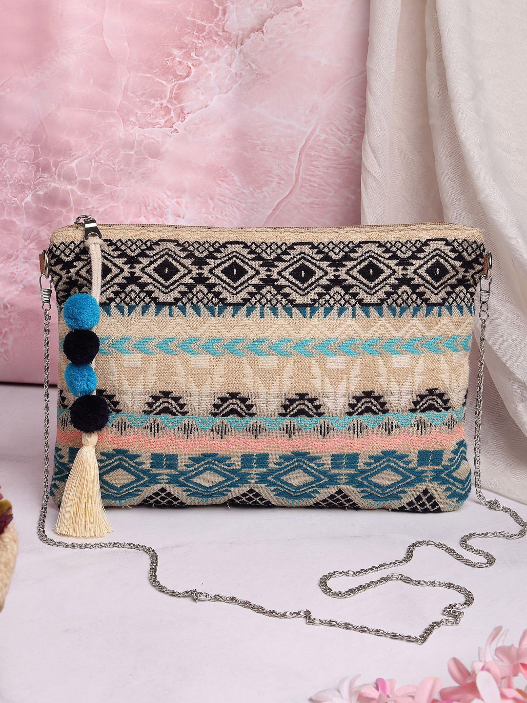 

Anekaant Ethnic Motifs Self Design Structured Tasselled Cotton Jacquard Tribal Sling Bag, Beige