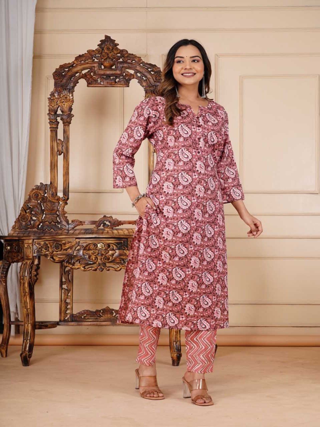 

Khatri Creations Paisley Printed Pure Cotton Straight Kurta With Trouser, Purple