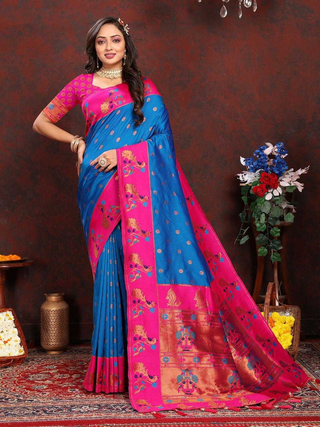 

LeeliPeeri Designer Woven Design Zari Silk Blend Paithani Saree, Blue