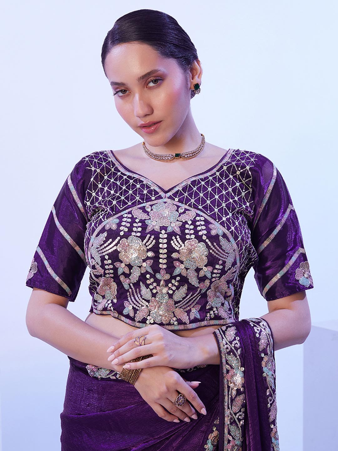 

Kalista Women Embroidered Stitched Padded Saree Blouse, Purple