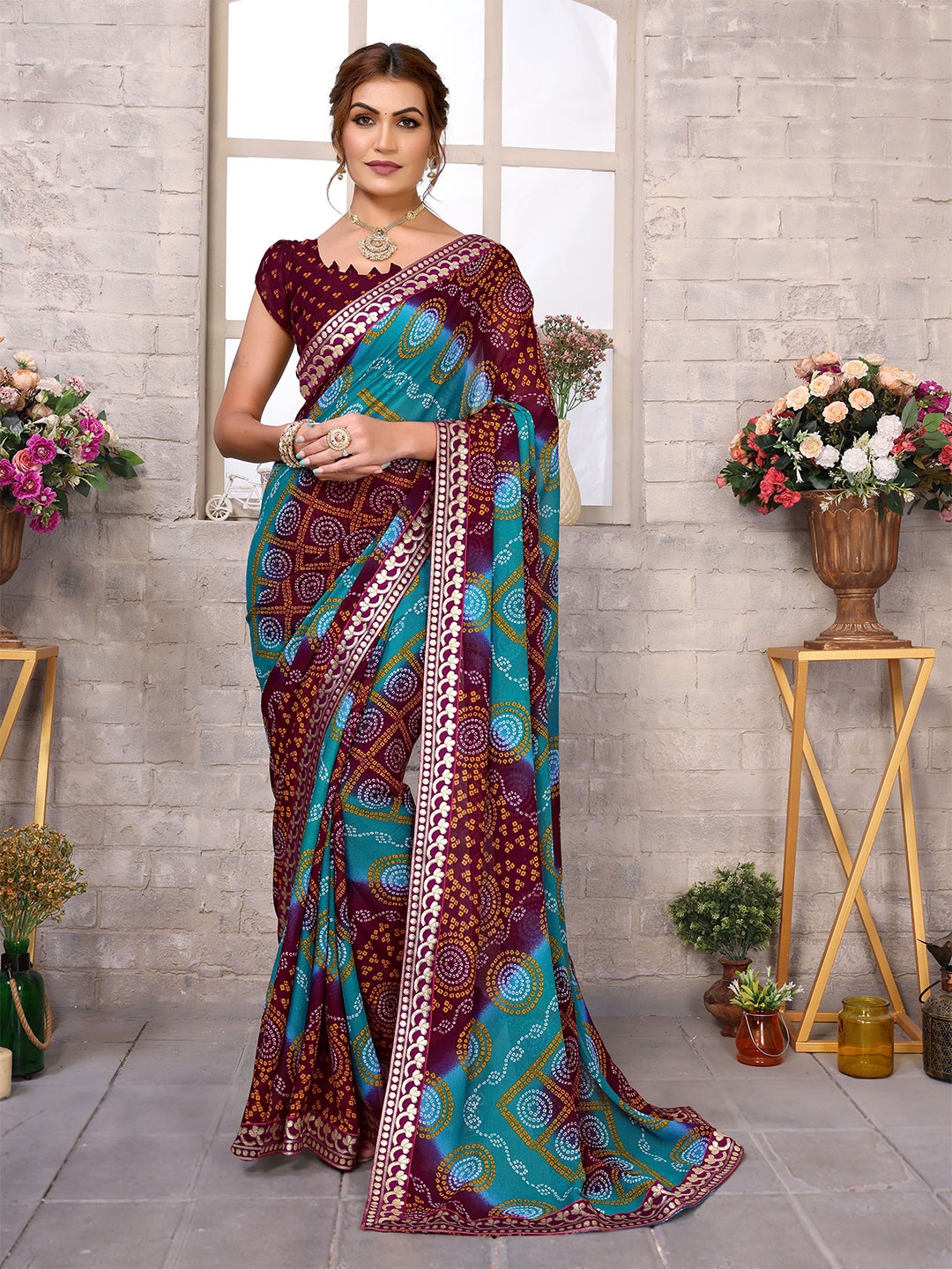 

ANIRAV Women Bandhani Printed Saree Embroidered Border, Maroon