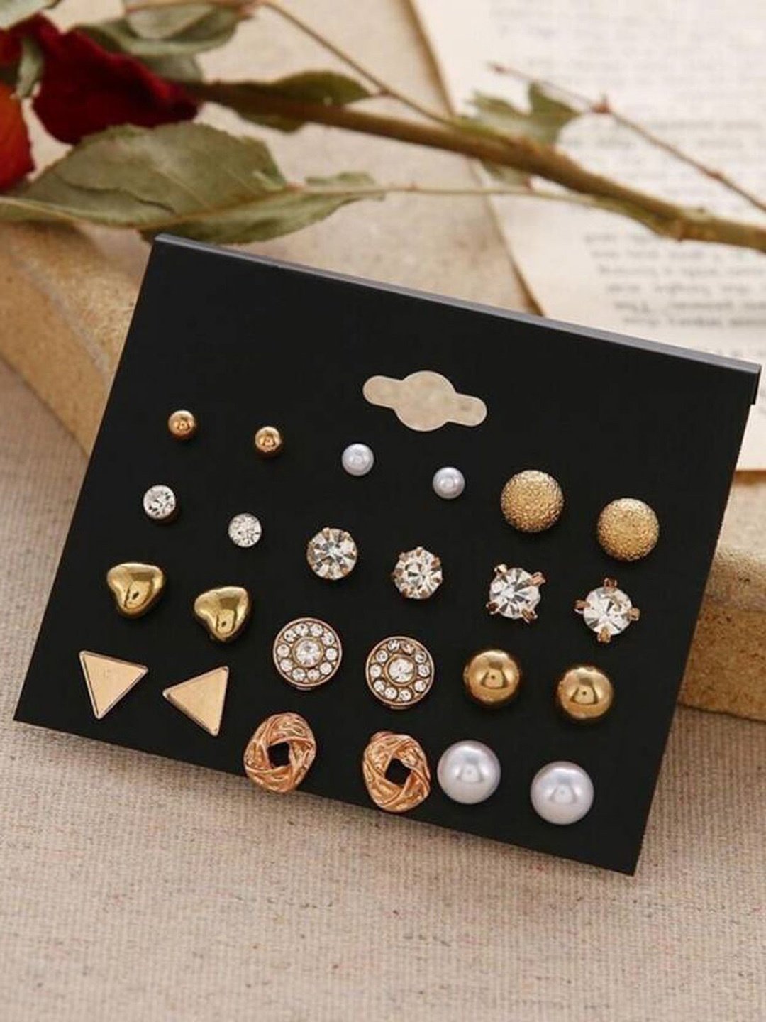 

PolluxCraft Set of 12 Gold-Plated Stones Studded And Beaded Circular Shaped Korean Studs