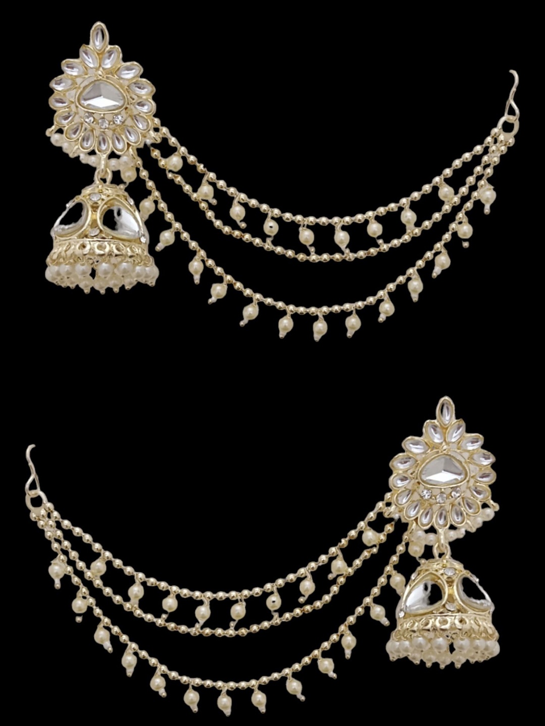 

EVY Gold-Plated Artificial Stones And Beads Studded Dome Shaped Jhumkas With Ear Chain, White