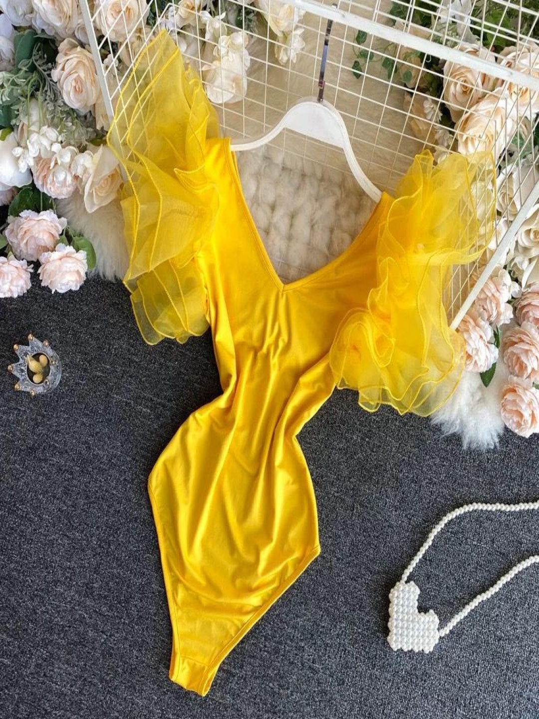 

MADE FOR HER LABEL V-Neck Butterfly Sleeves Bodysuit, Yellow