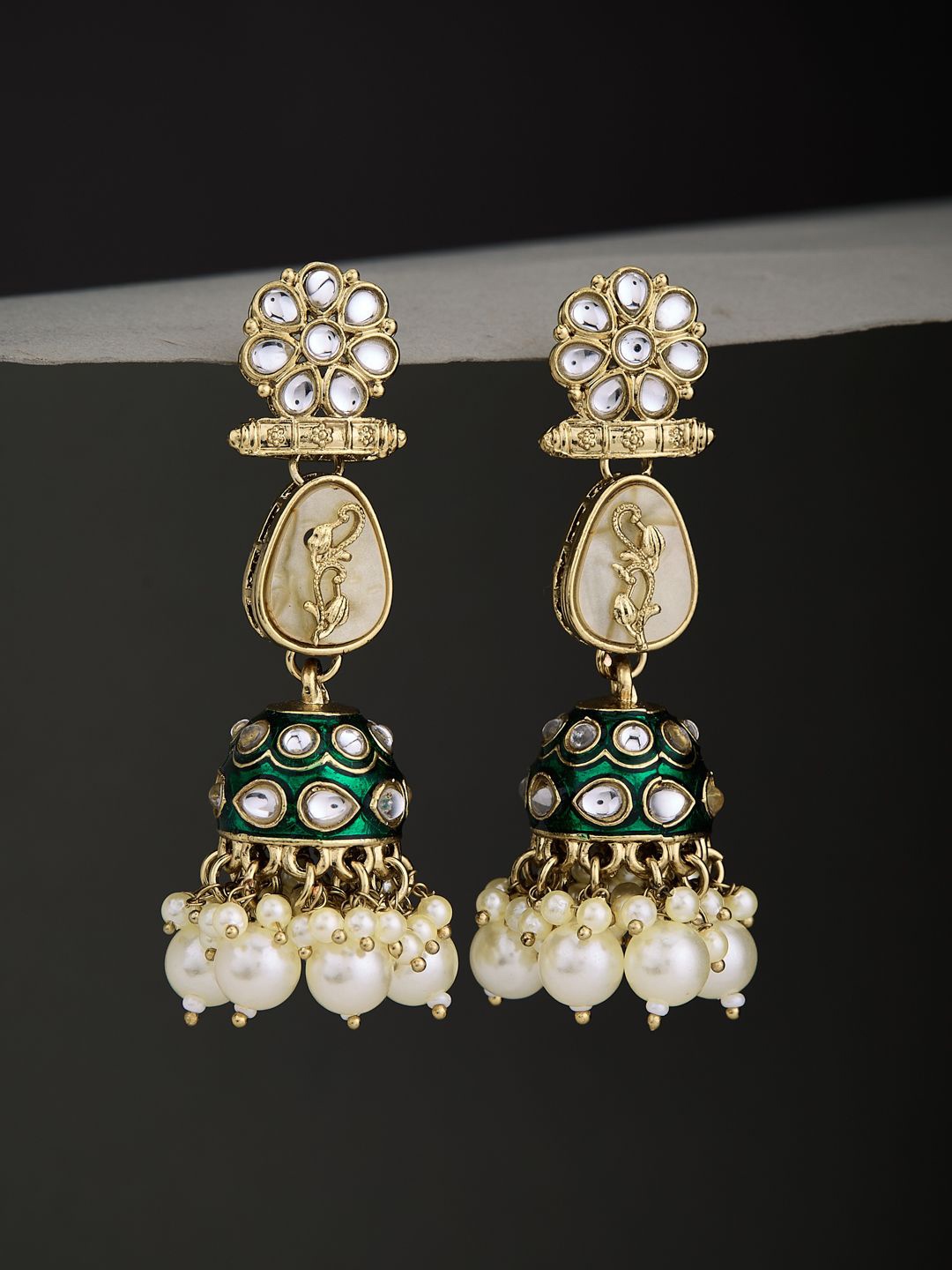 

ATIBELLE Gold-Plated Kundan Stone Studed Contemporary Shaped Jhumkas