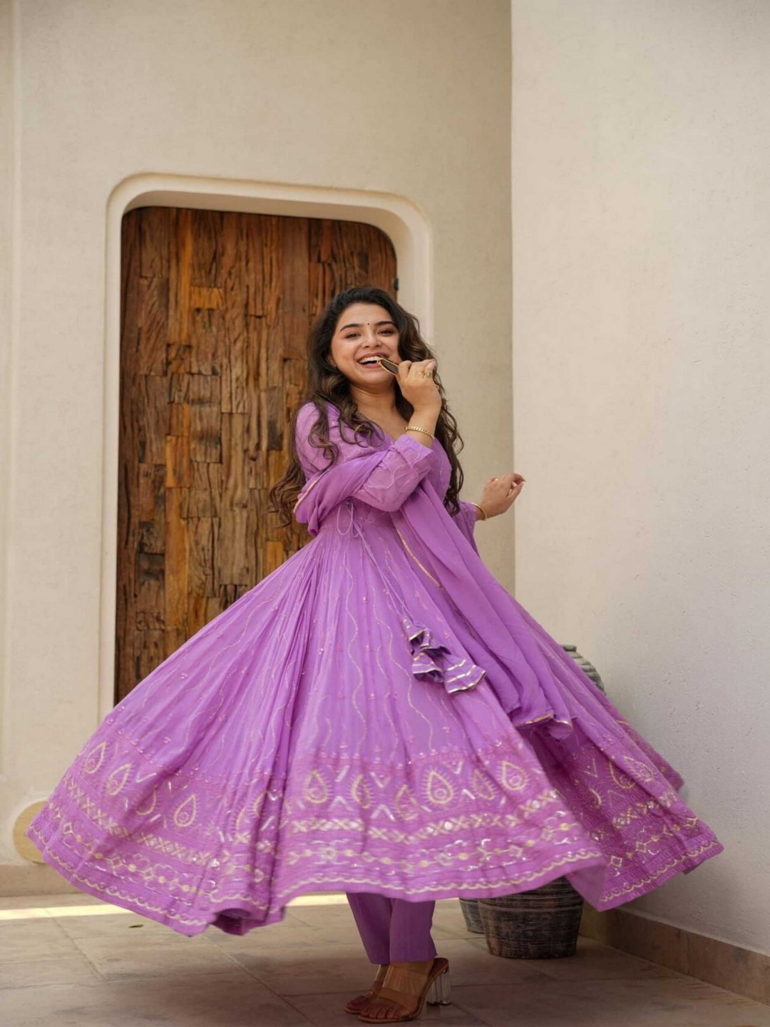 

ZEEPKART Women Ethnic Motifs Empire Mirror Work Silk Georgette Kurta with Dhoti Pants & With Dupatta, Purple