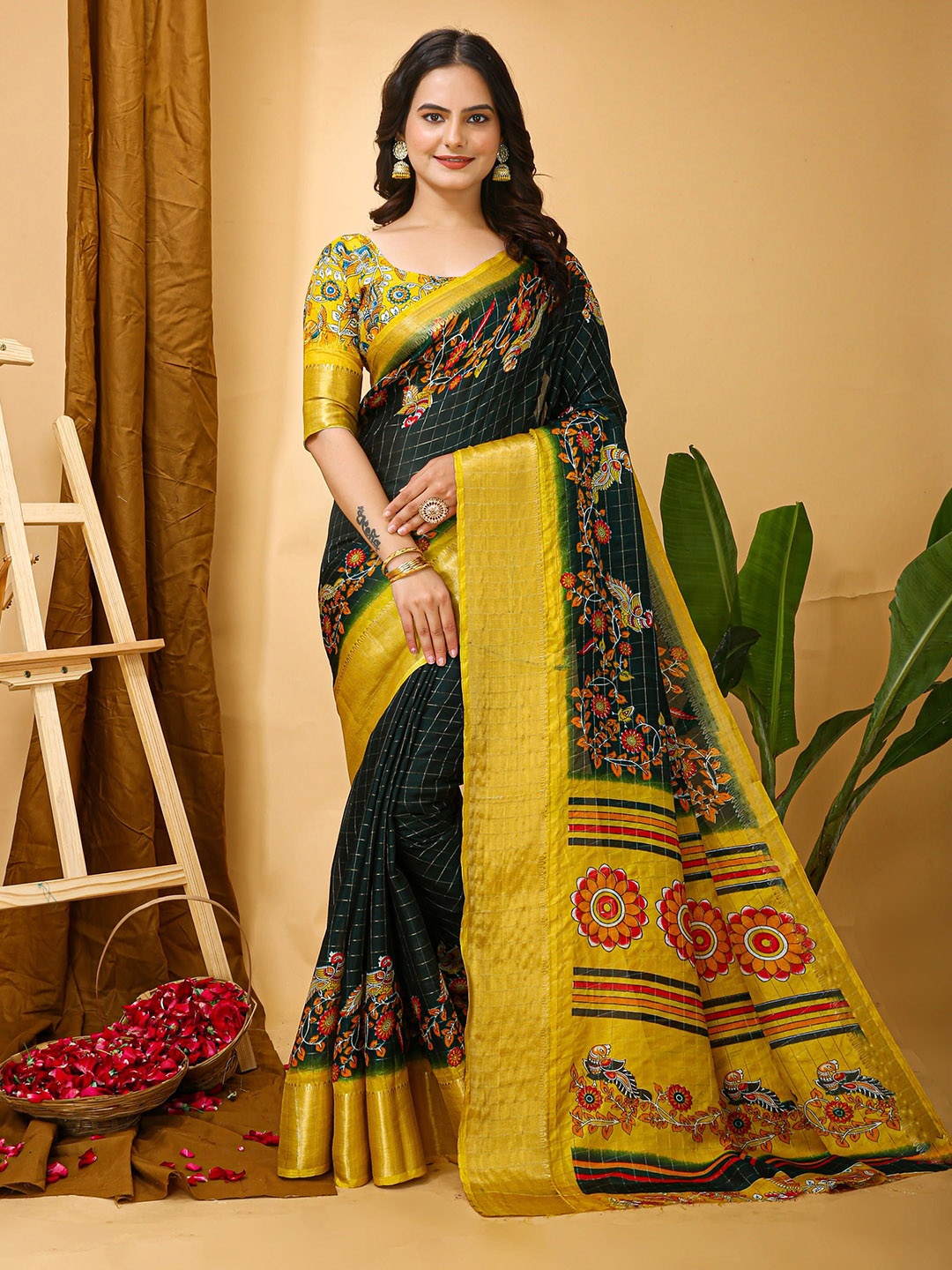 

KAYOMMI Kalamkari Zari Kanjeevaram Saree, Green