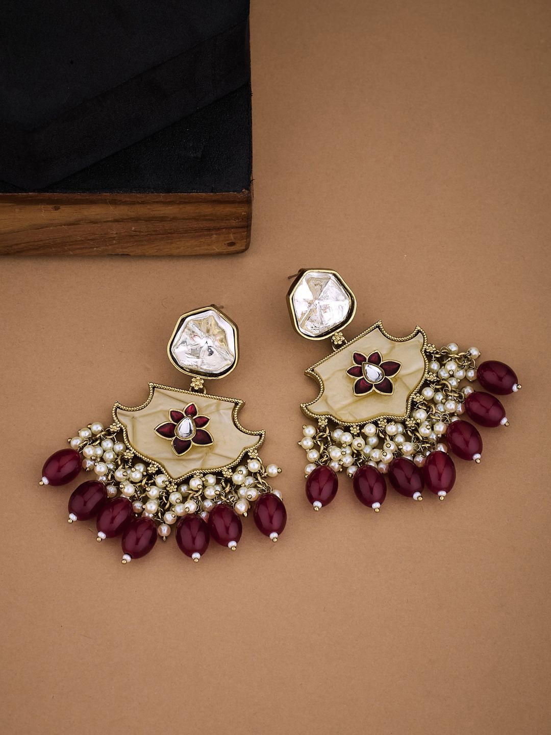 

ATIBELLE Gold-Plated Kundan Stone & Beaded Studded Contemporary Drop Earrings