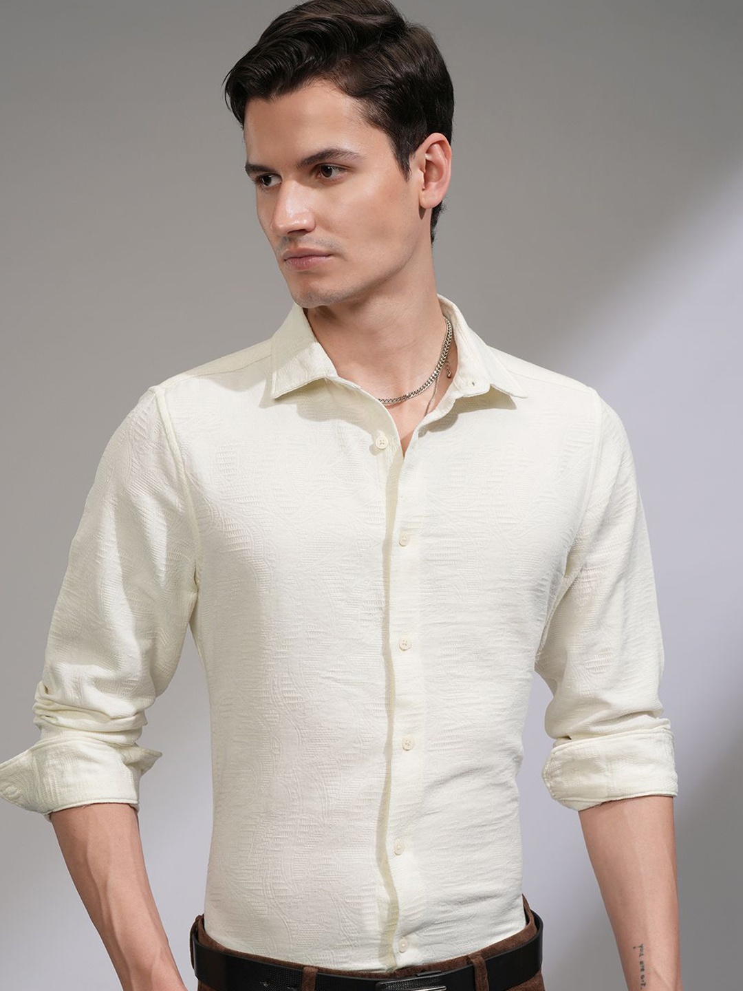 

HIGHLANDER Men Jacquard Textured Solid Casual Shirt, Cream