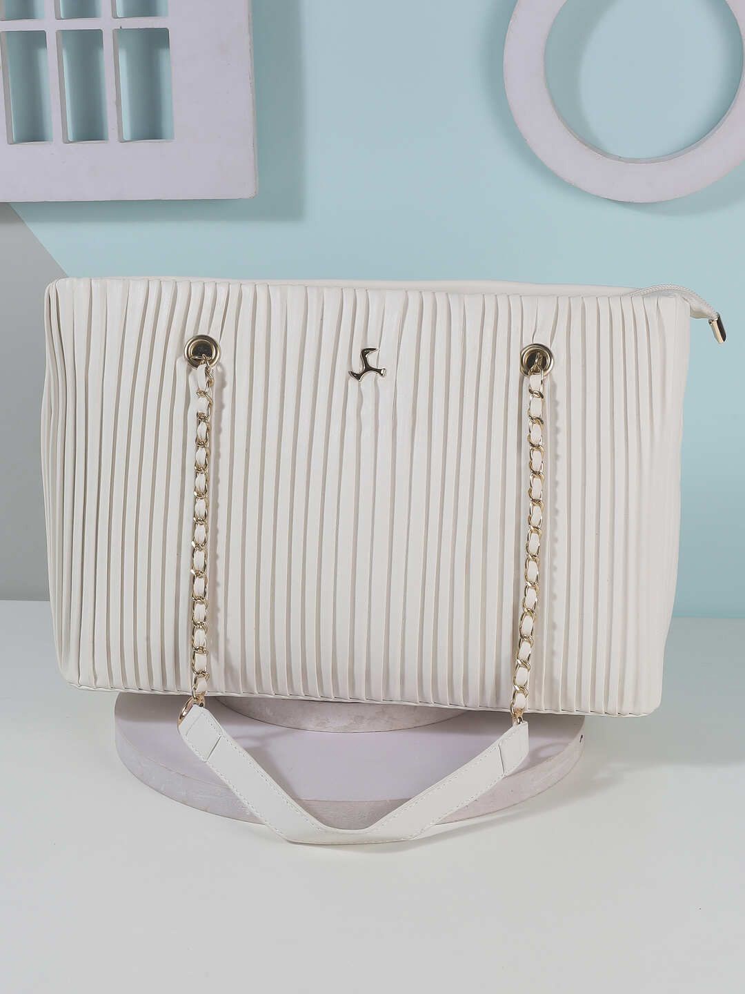 

Mochi Striped PU Shopper Shoulder Bag with Tasselled, White