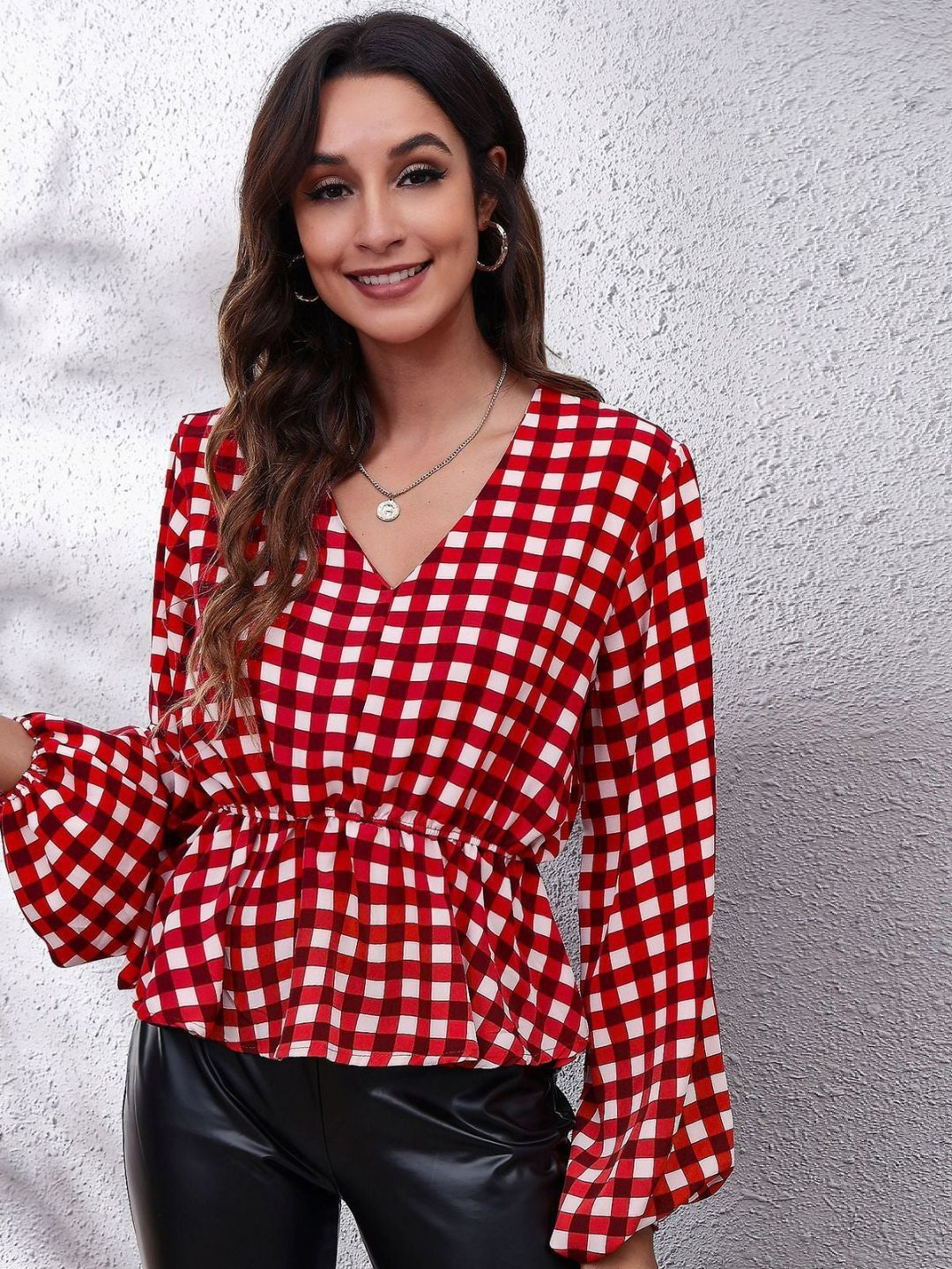 

Oh Rare Checked Bell Sleeve Cinched Waist Top, Red