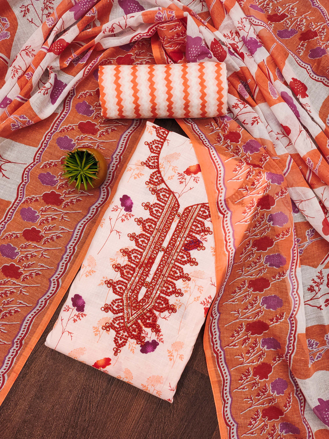 

Maroosh Floral Printed Sequinned Cotton Unstitched Dress Material, Orange