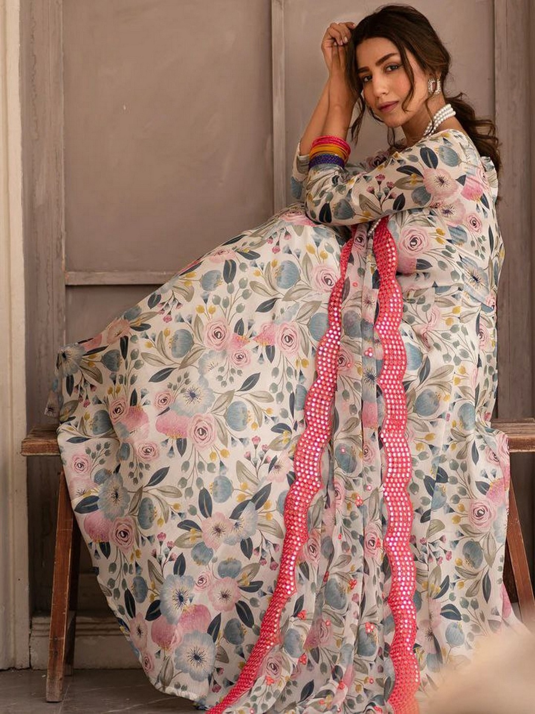 

mimi design Floral Printed Silk Georgette Anarkali Kurta With Trousers & Dupatta, Cream