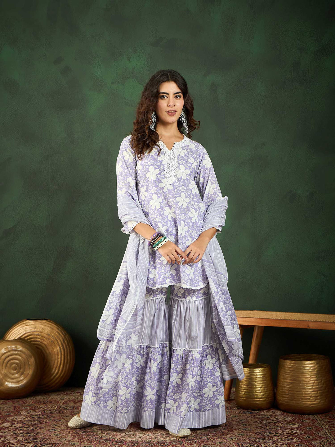 

Sangria Floral Printed Cotton Kurta, Sharara & Dupatta Set, Lavender