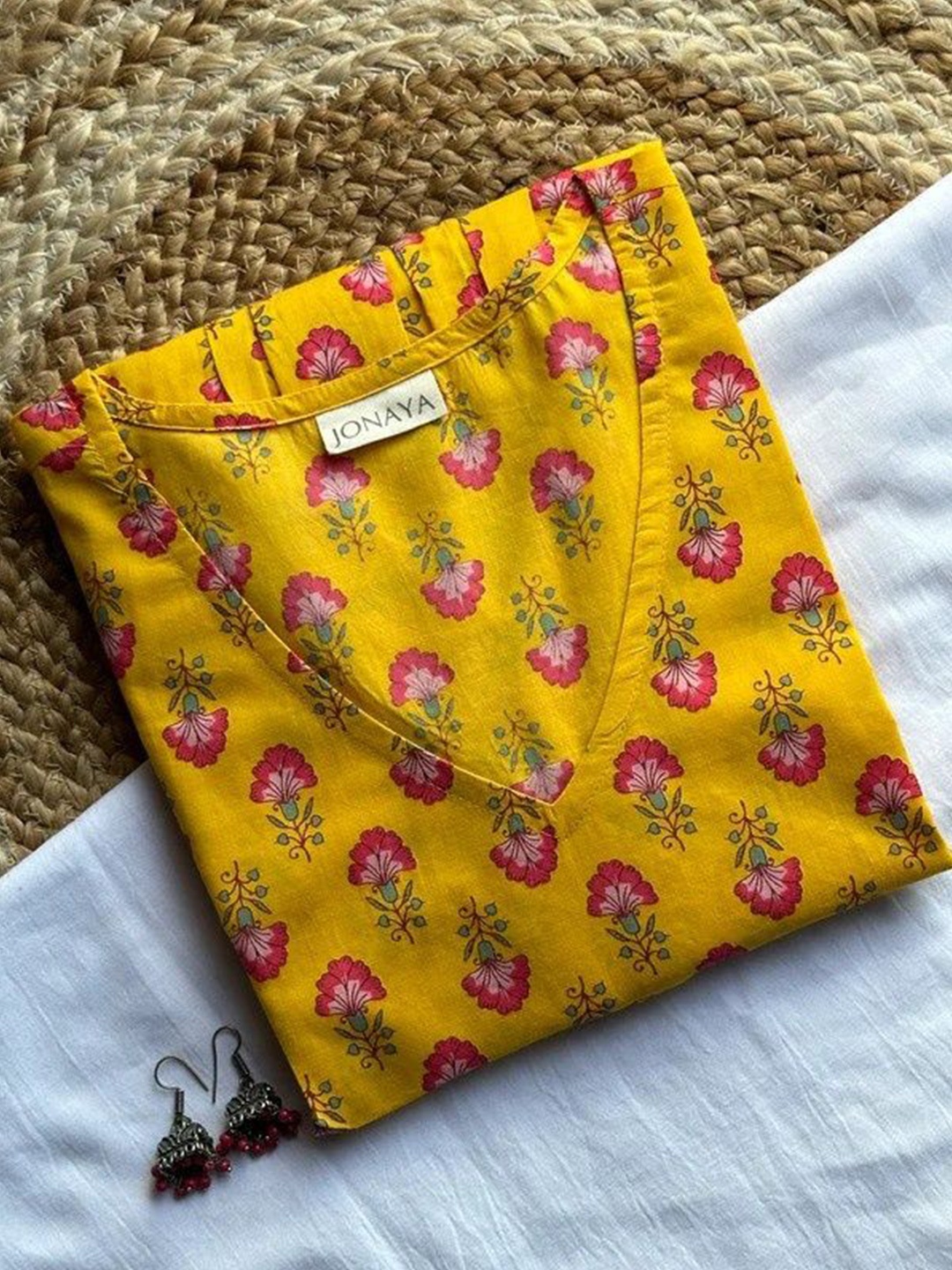 

JONAYA Women Floral Printed Flared Sleeve Cotton Top, Yellow