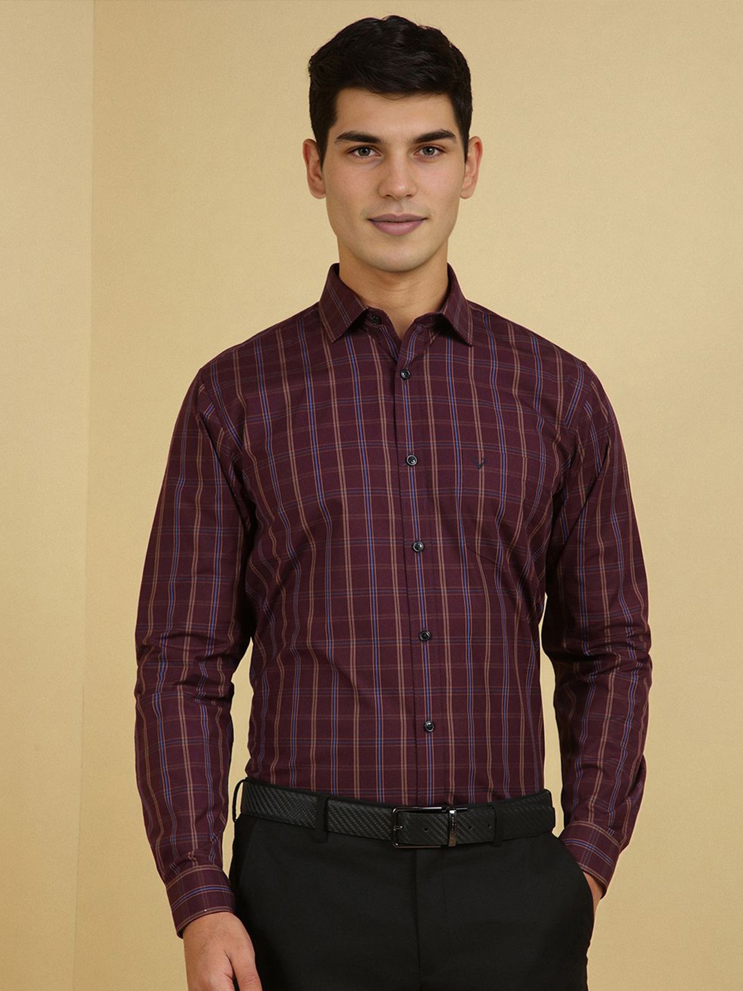 

Allen Solly Men Slim Fit Spread Collar Checked Cotton Formal Shirt, Maroon