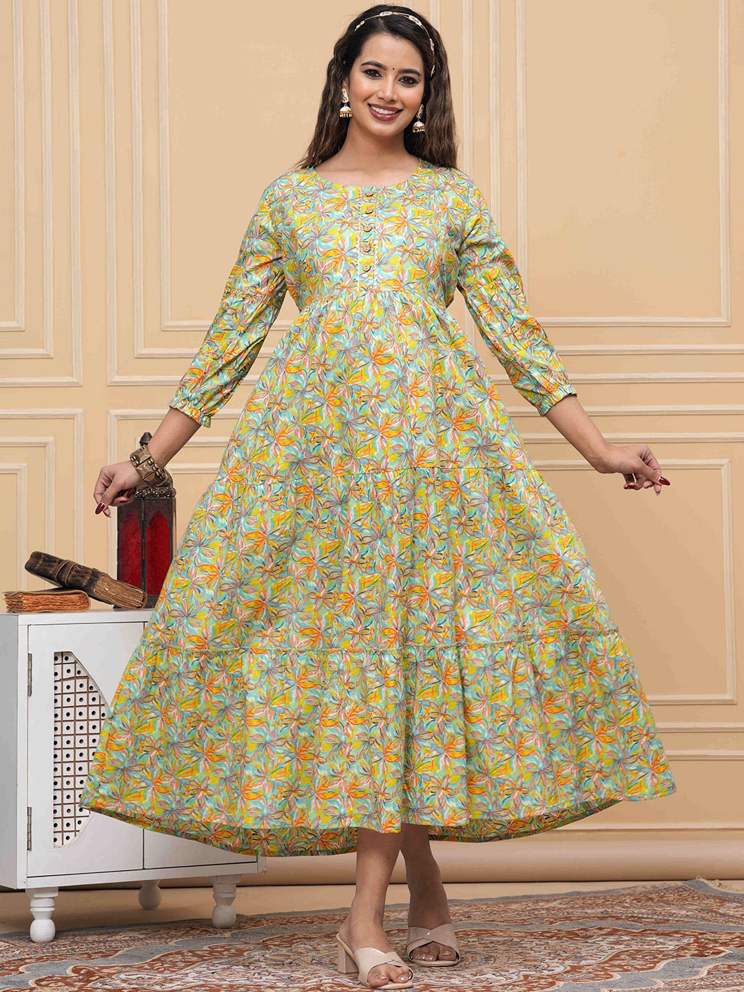 

mad fury Women Cotton Floral Printed Puff Sleeves Maternity Midi Dress, Lime green
