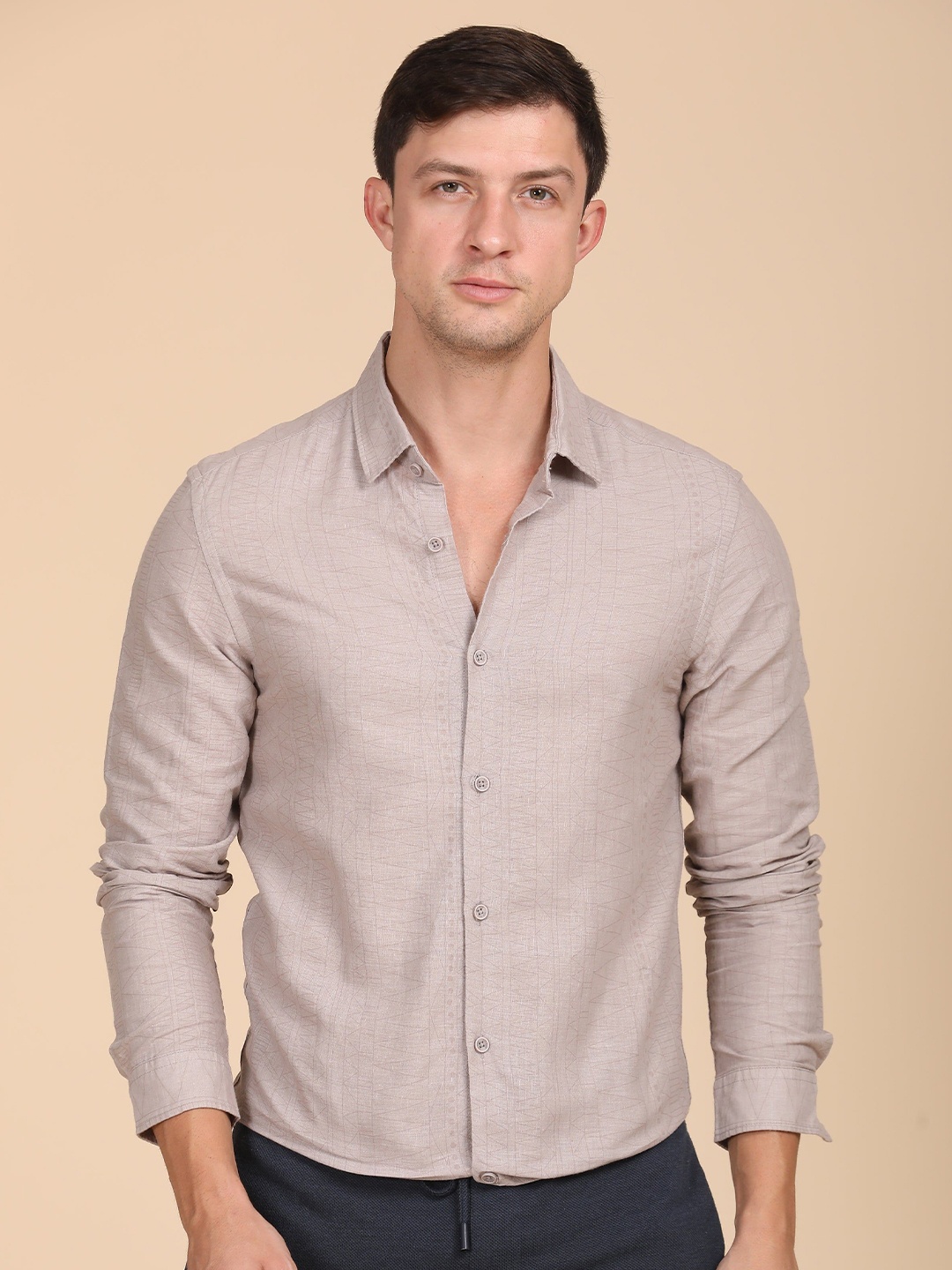 

POE Men Silas - Cotton Prinetd Shirt - Sand, Taupe