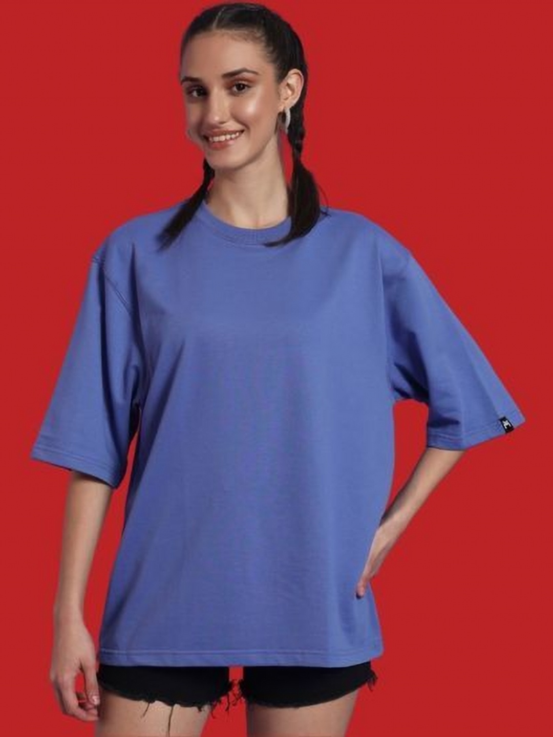 

PockMAN Women Bio Finish Solid Round Neck Cotton Oversized T-shirt, Blue