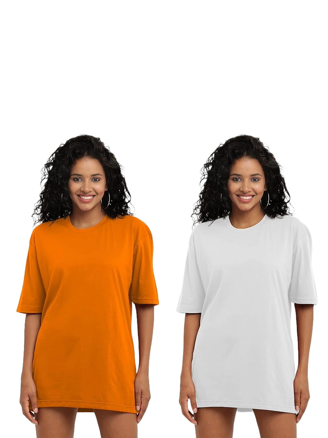 

NOTWILD Women Pack Of 2 Solid Round Neck Cotton Oversized T-shirts, Orange