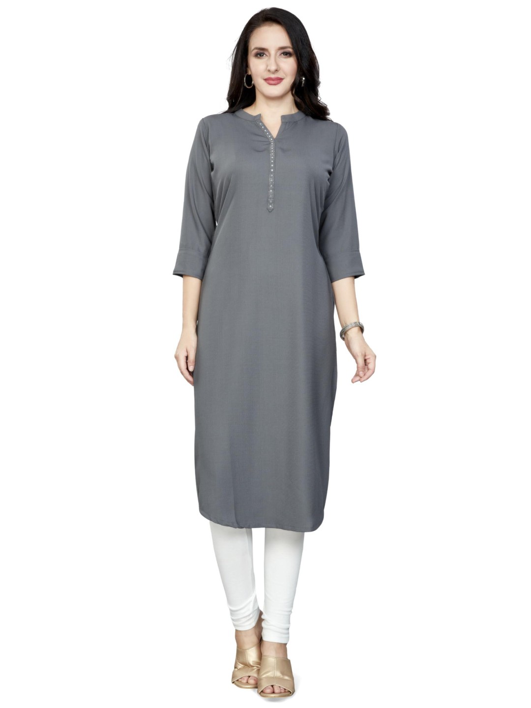 

Nioni Swarovski Mandarin Collar Dobby Straight Kurta, Grey