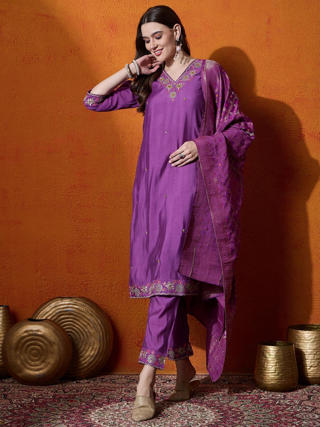 

Sangria Purple Floral Embroidered V-Neck Straight Kurta With Trouser And Dupatta