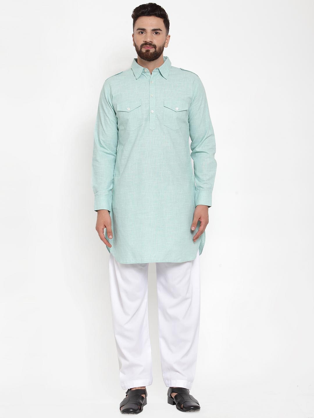 

Moda Rapido Men Shirt Collar Shoulder Flaps Straight Pathani Kurta, Turquoise blue