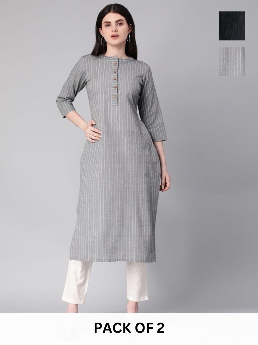 

KALINI Selection Of 2 Striped Mandarin Collar Straight Kurtas, Grey