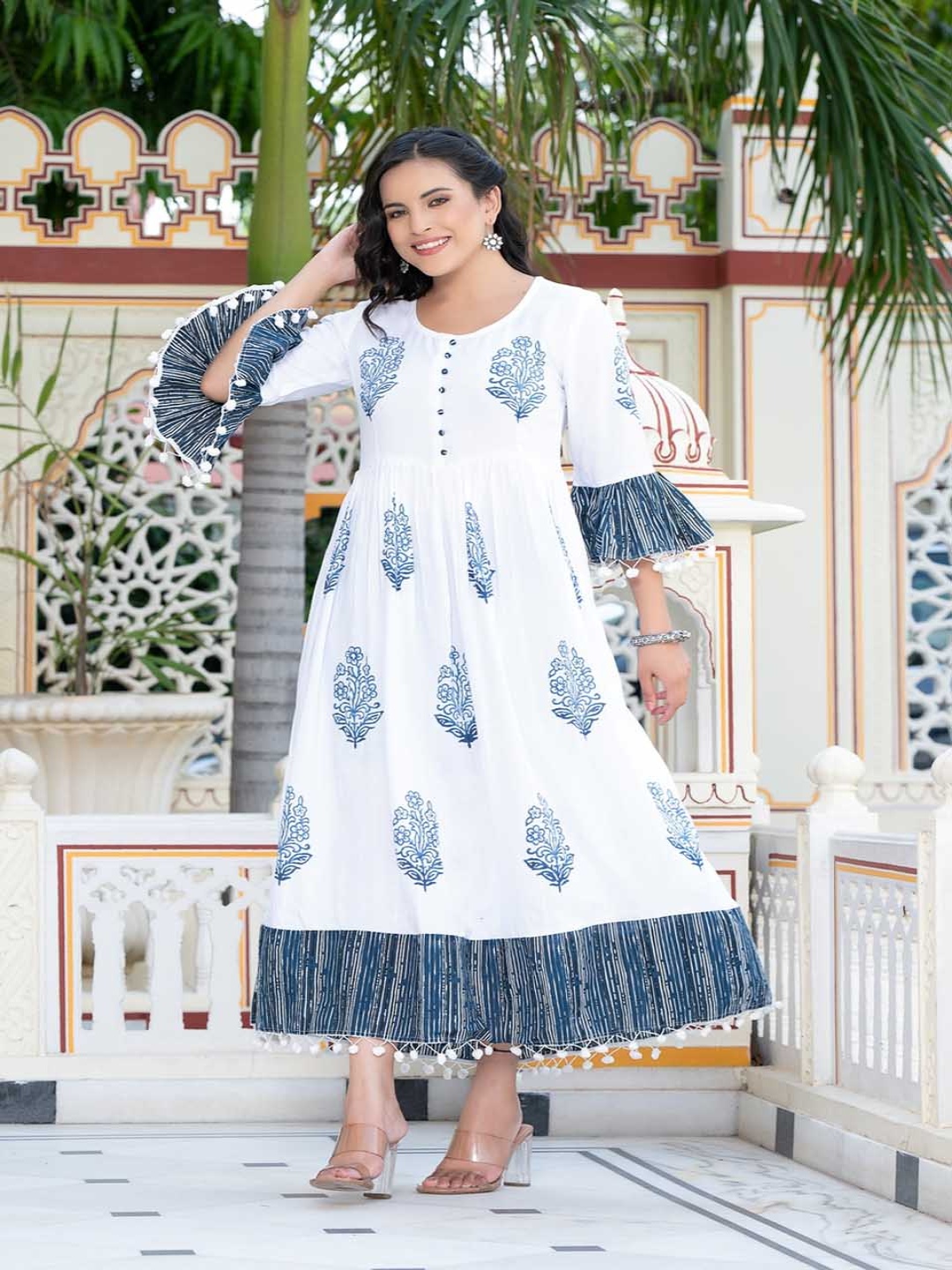 

Moda Rapido Floral Printed Bell Sleeves Ethnic Dress, White