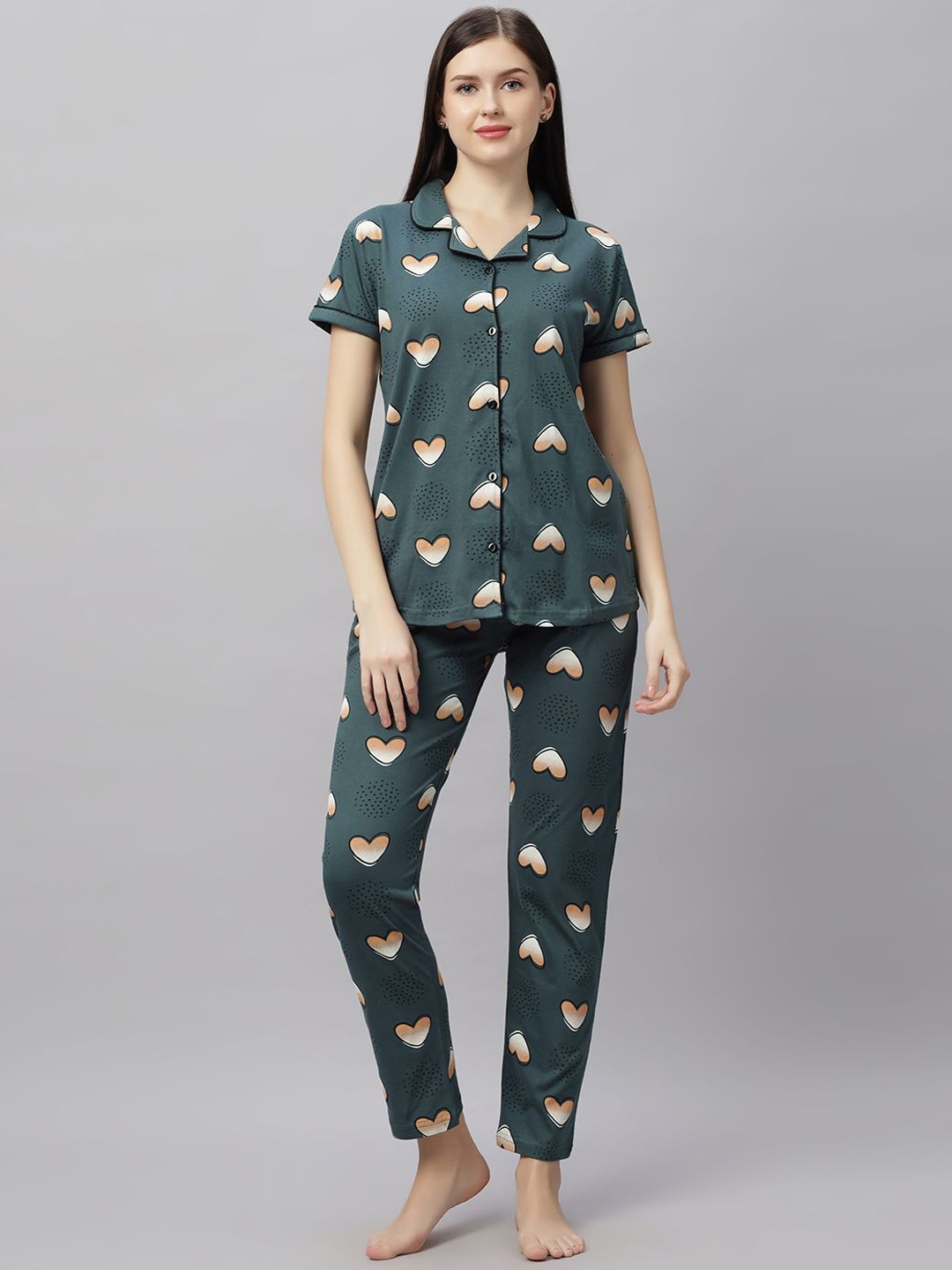 

DZZO Women Printed Lapel Collar Pure Cotton Night Suit, Green