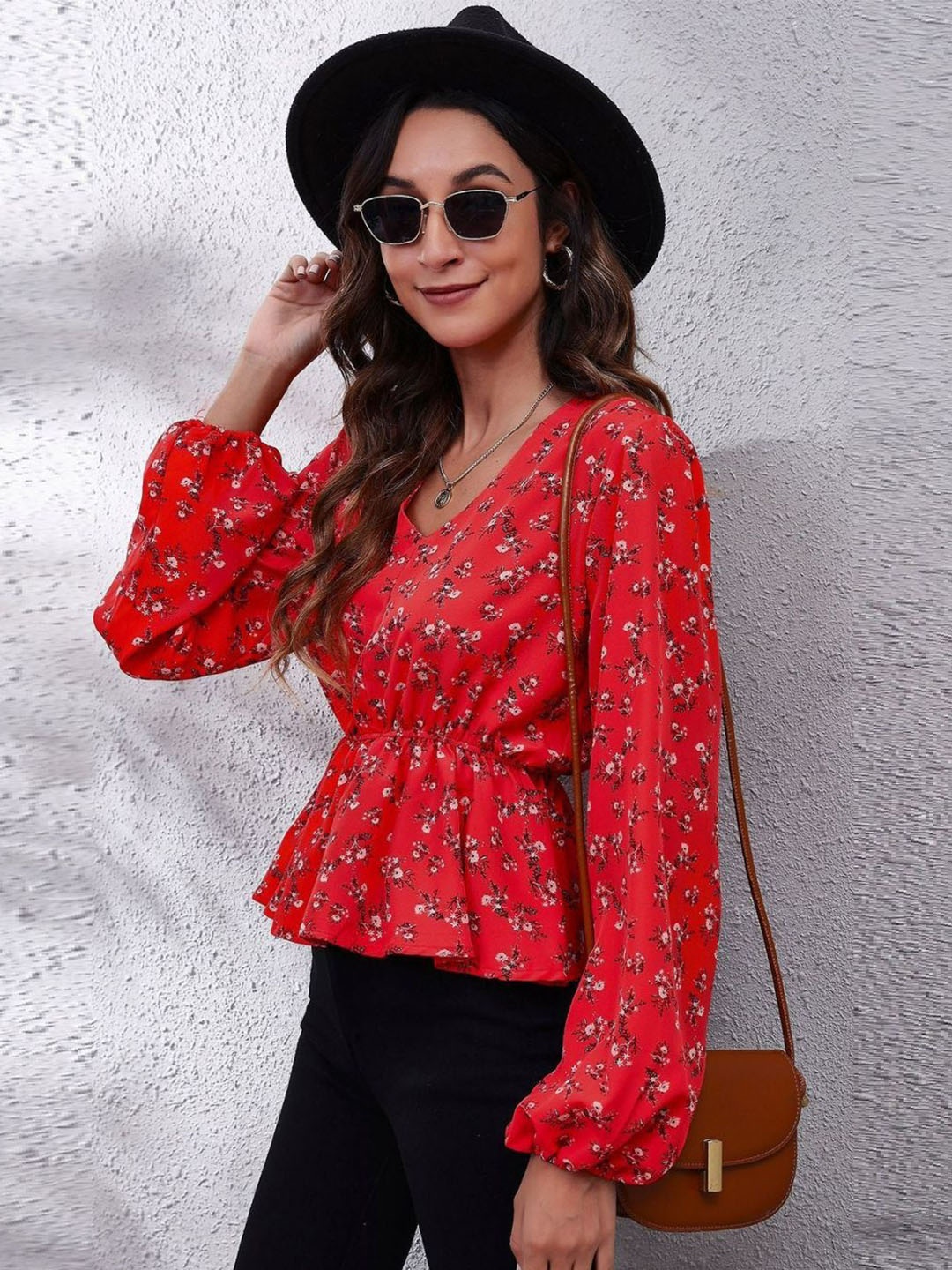 

Oh Rare Floral Print Cinched Waist Top, Red