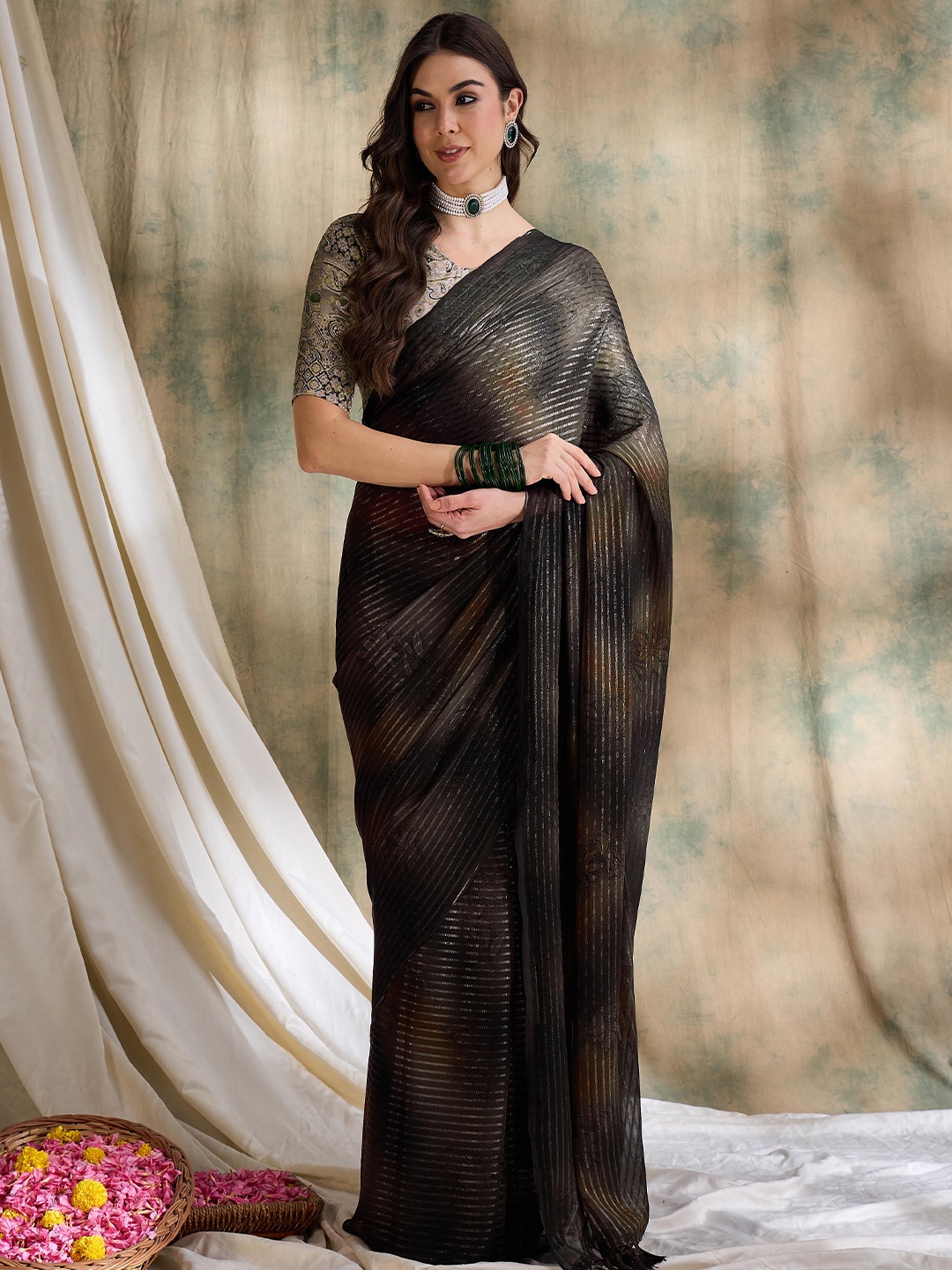 

MANVAA Striped Beads and Stones Poly Chiffon Saree, Coffee brown