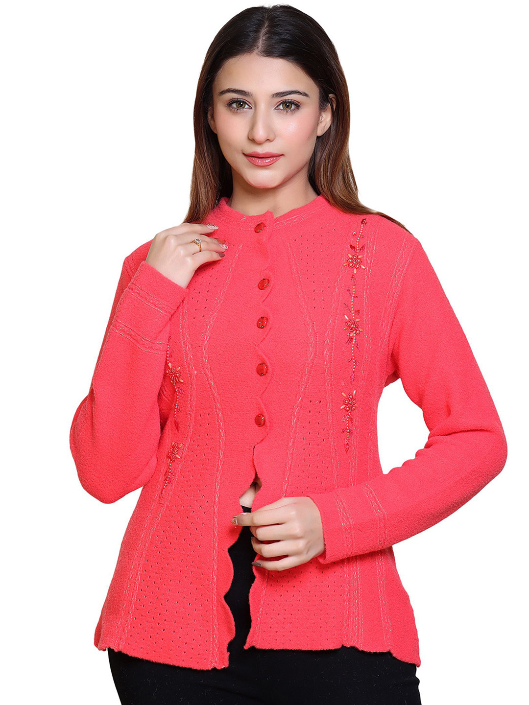 

Lady Leaf Women Cable Knit Round Neck Cardigan, Red