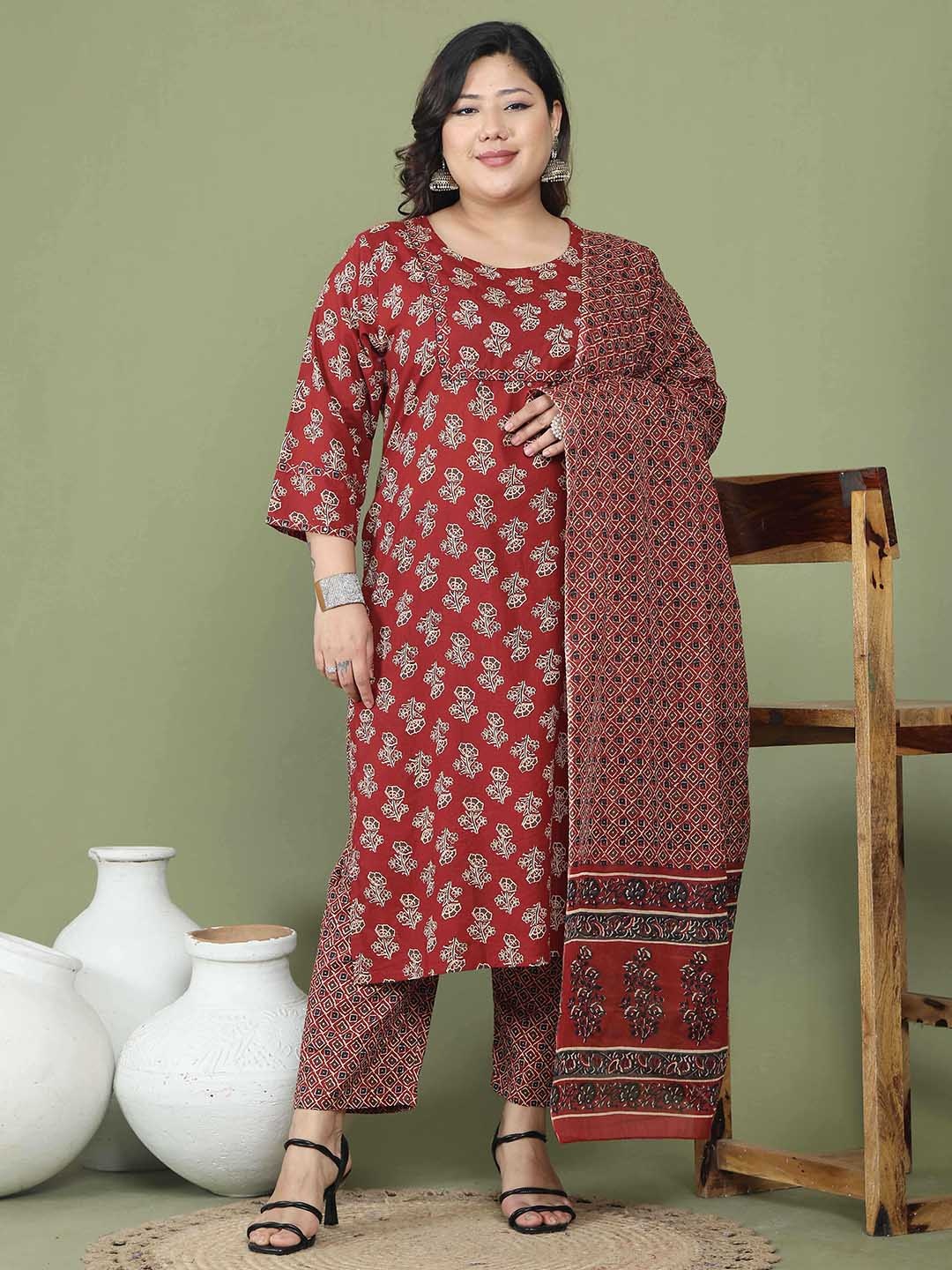 

Rajnandini Floral Printed Pure Cotton Straight Kurta With Trousers & Dupatta, Maroon