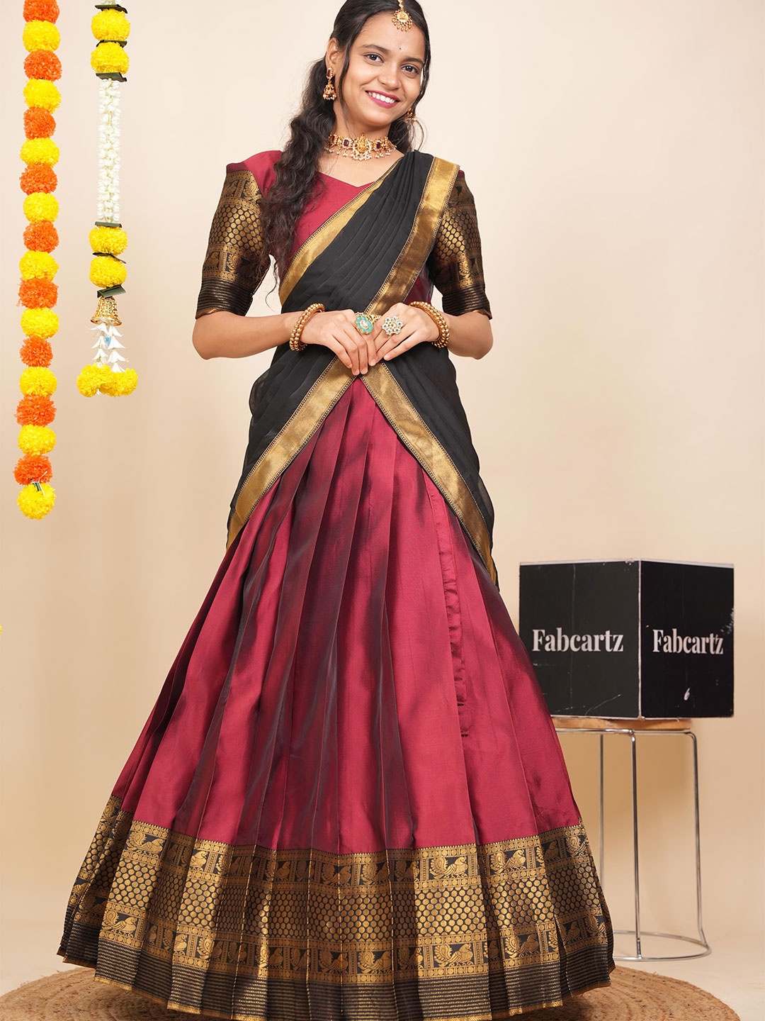 

Fabcartz Semi-Stitched Lehenga & Unstitched Blouse With Dupatta, Maroon