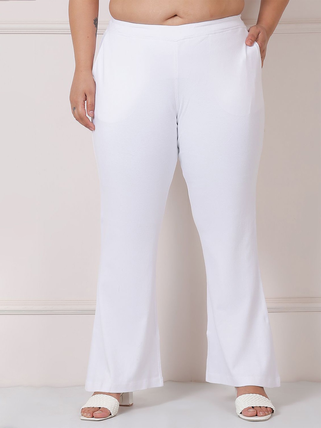 

Amydus Mid-Rise Cotton Flare Plus Size Women Pants, White