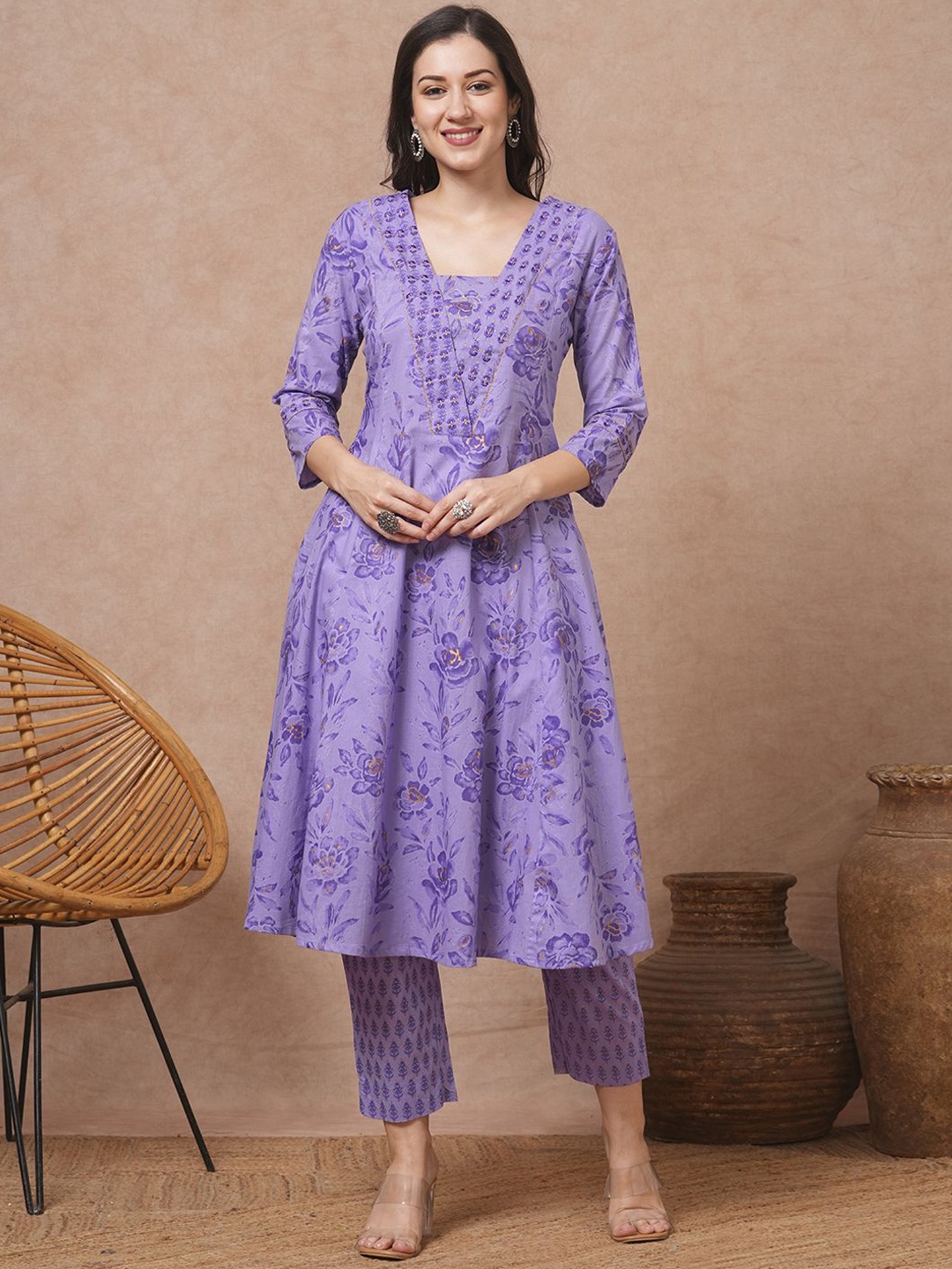

FASHOR Women Floral Printed Regular Pure Cotton Kurta with Trousers, Lavender
