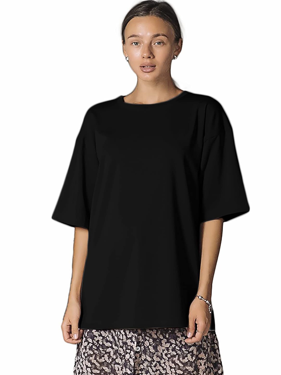 

NOTWILD Women Solid Round Neck Cotton Oversized T-shirt, Black